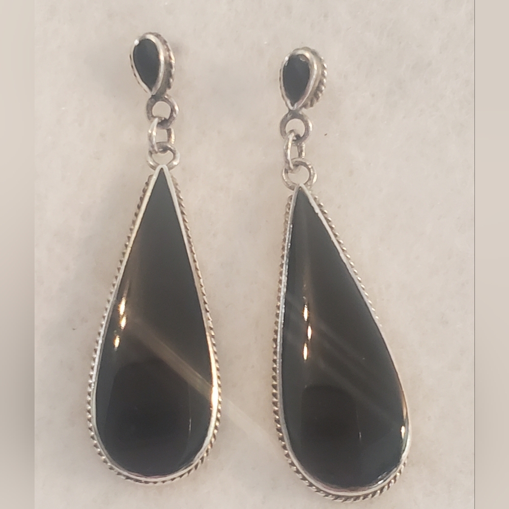 Sterling Silver Teardrop Black Onyx Dangle Earrings